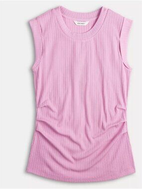 Cap Sleeve Ribbed Crewneck Side Ruched Knit Top S Pink/Purple